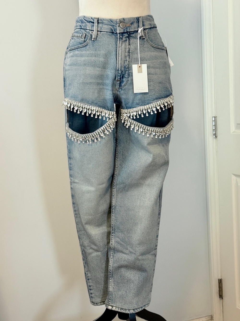 Good American Light Blue Boyfriend Jeans with Crystal Fringe Thigh Cut Outs